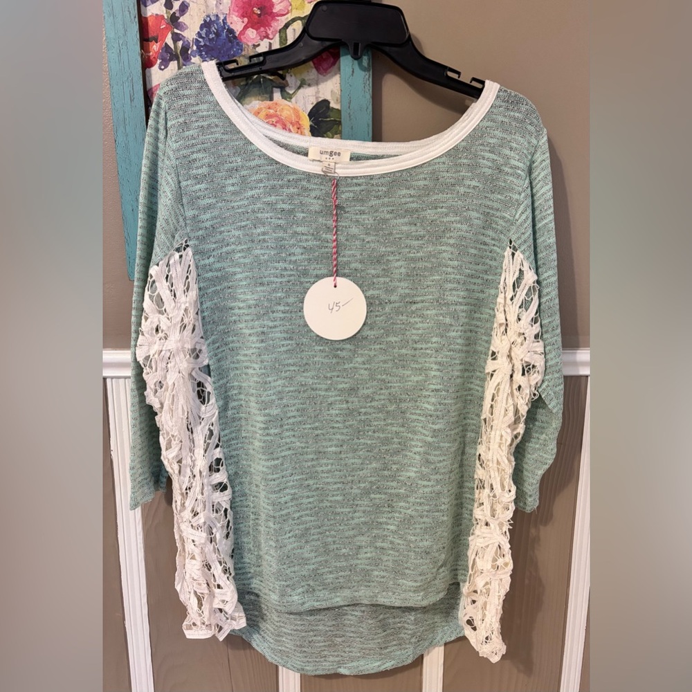 Umgee Mint Knit Top with White Crochet Side Panels
